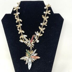 Starburst Statement Necklace Gold Tone Iridescent Faux Gemstone Chunky  10-12"